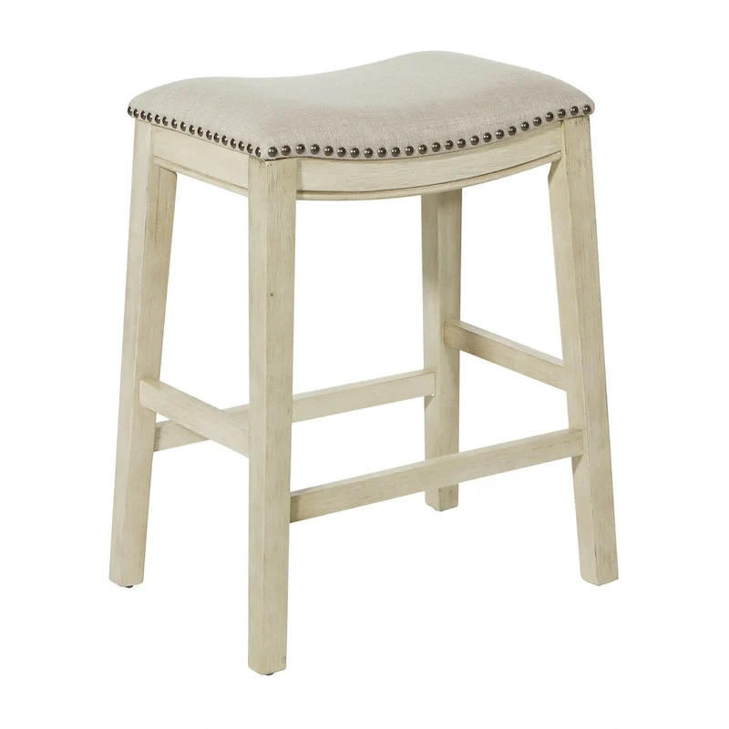 Antique White Saddle Bar Stool Set of 2 – Counter Height, Beige Fabric Seat