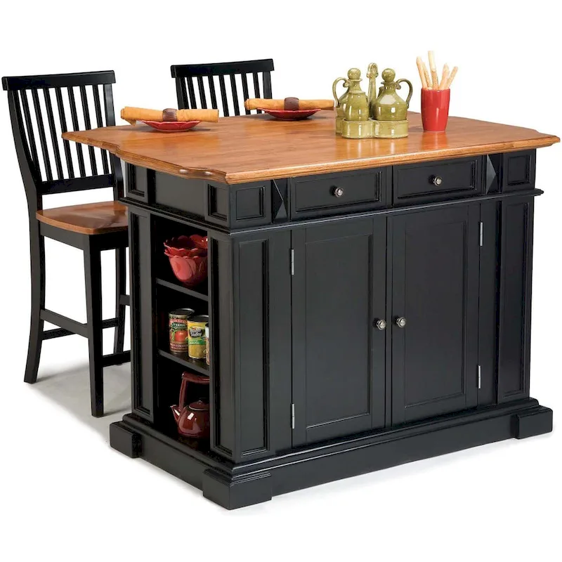 Black Kitchen Island Set with 2 Stools - Distressed Oak Top