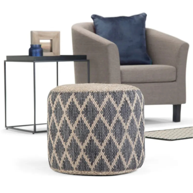 Grey / Coral / Blue Round Braided Jute Pouf – Single Seat
