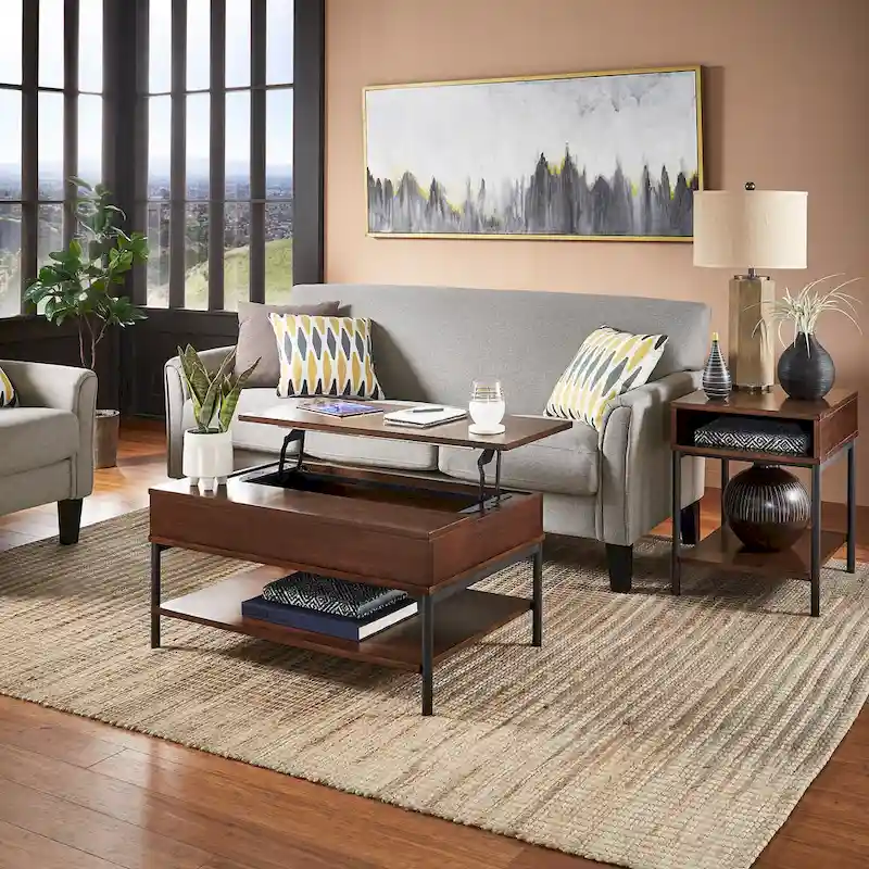 Two-Tone Lift-Top Coffee Table with Storage - Wood Grain & Gold Metal