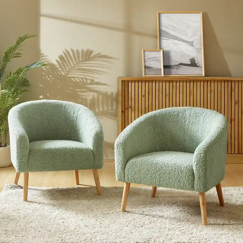 Modern Boucle Armchair with Solid Wood Legs, Set of 2