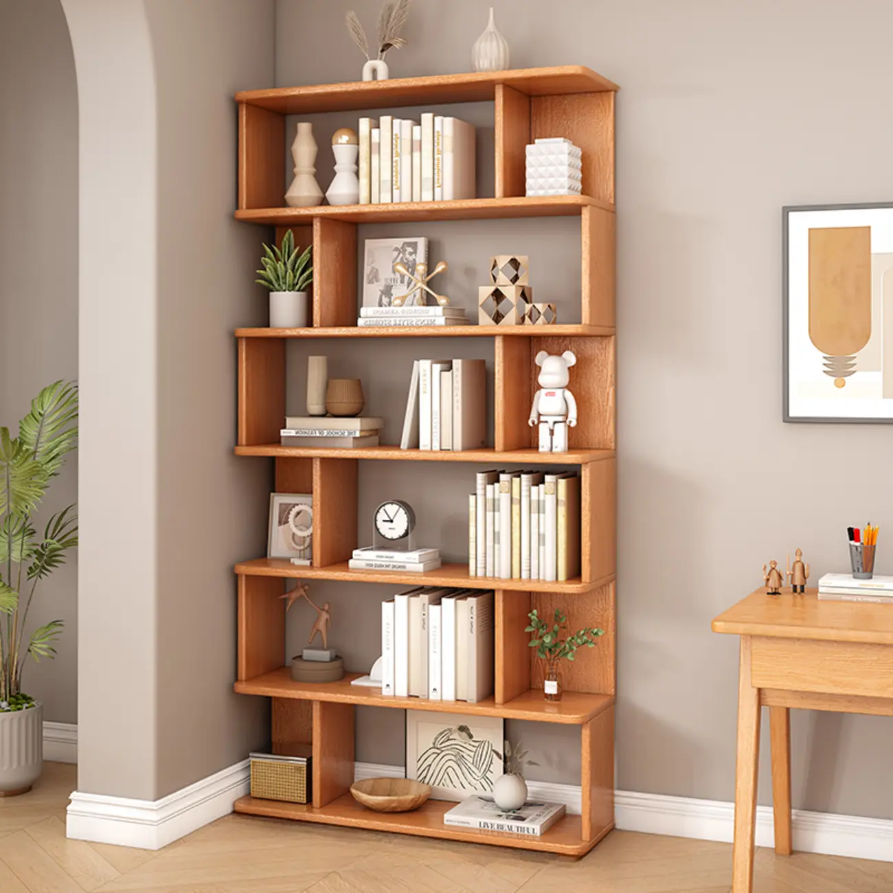 Mid-Century 6-Tier Open Back Wooden Bookshelf