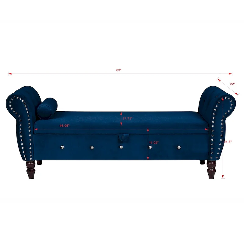 Blue / Black / Pink / Dark Grey / Beige Velvet Storage Ottoman Bench with Armrest, 2-Seat