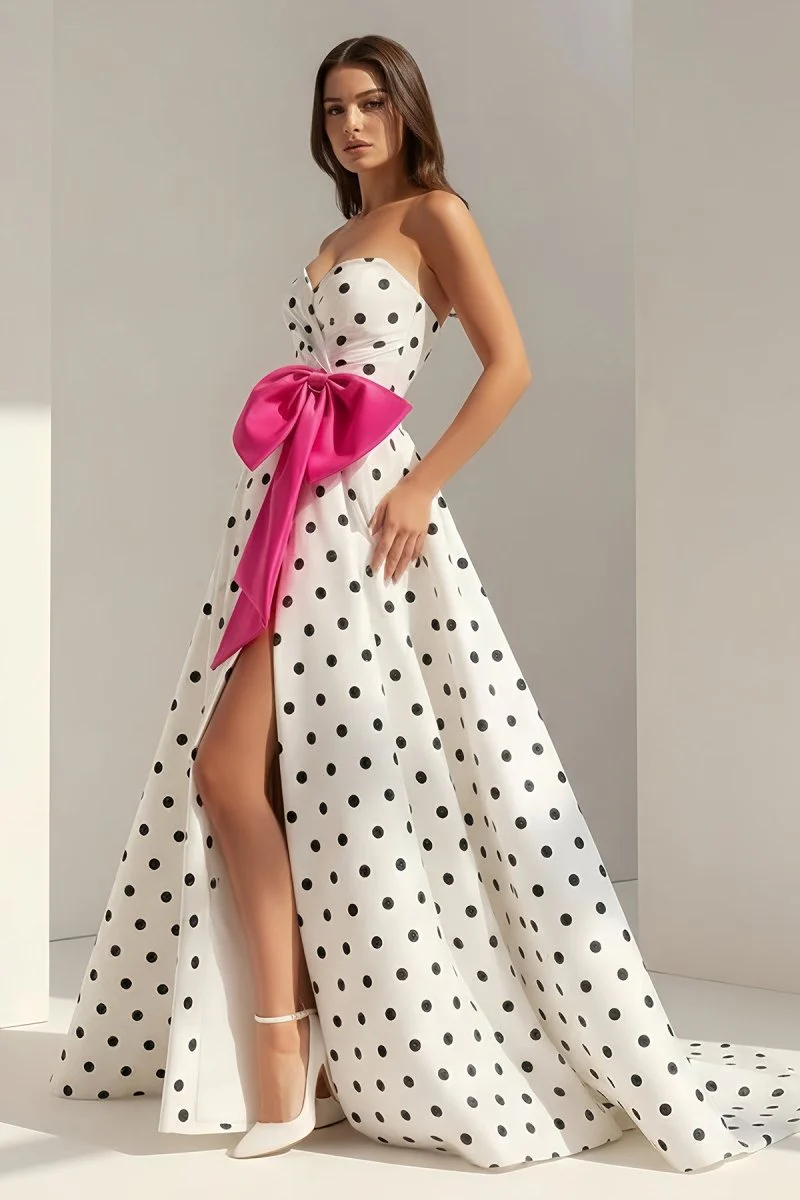 Fuchsia Strapless A Line Polka Dots Satin Long Prom Dresses With Bow