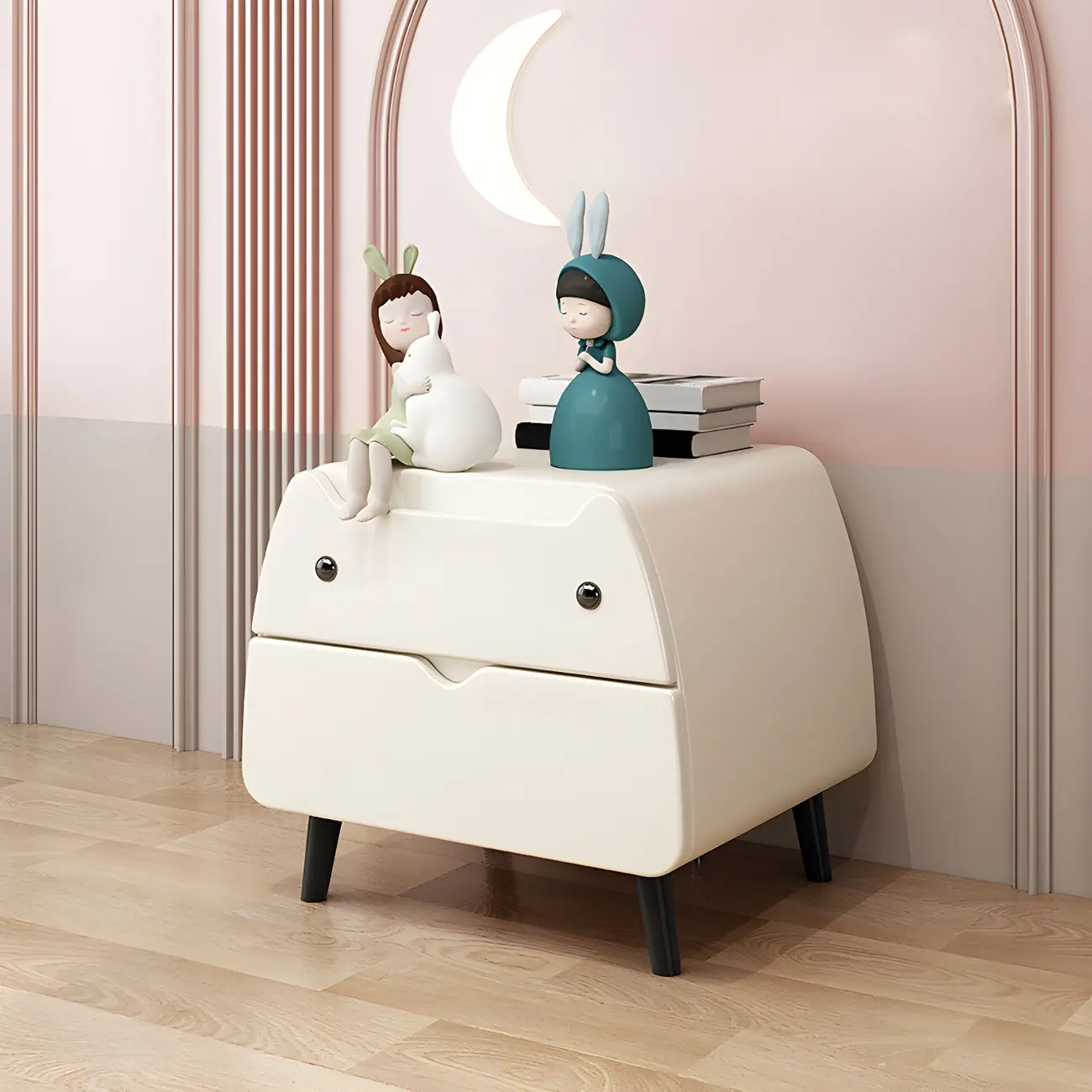 Pink Cute Cat Shape Scandinavian Nightstand with 2 Drawers