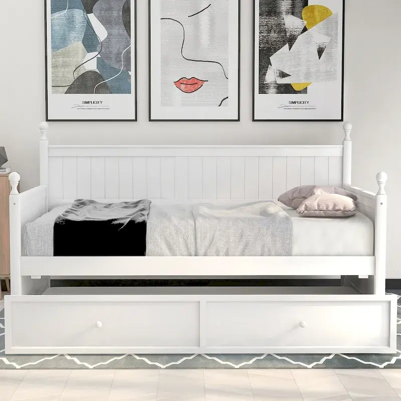 White Pine Wood Twin Daybed with Trundle, Slatted Panels and Turned Finials – 1-Person