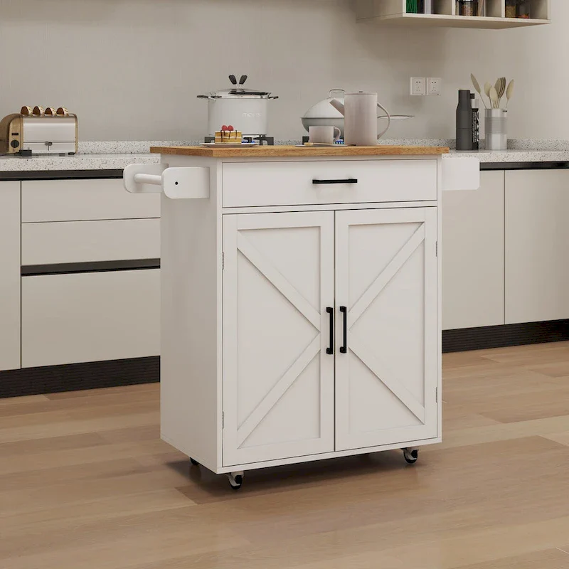 White Rubber Wood Kitchen Cart with Adjustable Shelves, Towel Rack
