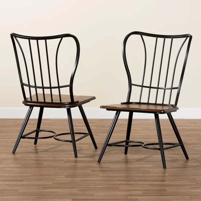 Black Metal and Dark Walnut Wood Dining Chairs