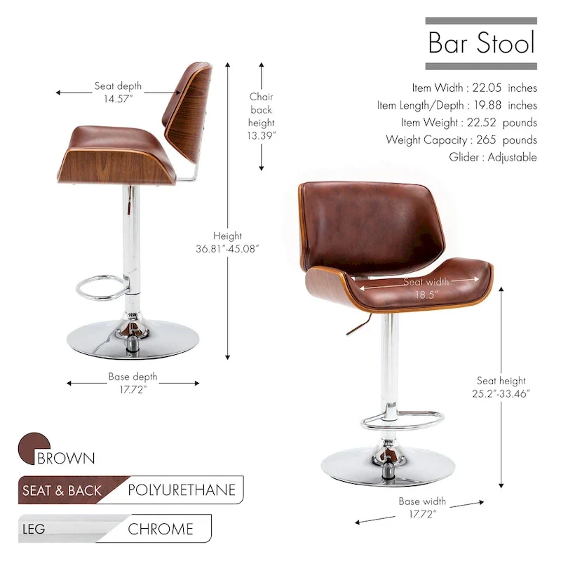 Adjustable Bar Stool, PU Leather, Chrome Base – Black/White/Red/Brown, Single