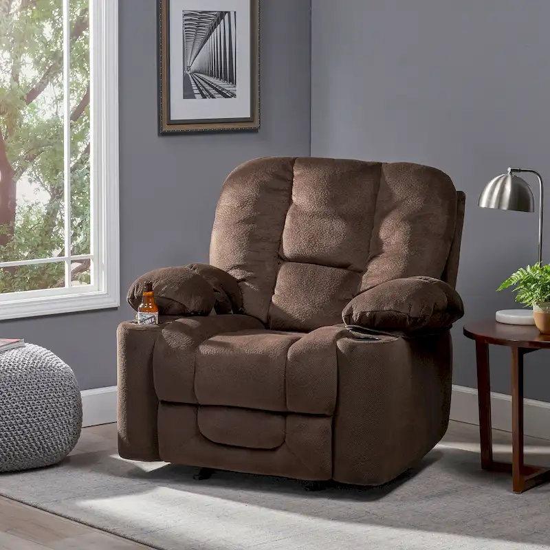 Roomfitters Luxurious Manual Recliner Chair in Chocolate with Skin-Friendly Fabric and Dual Cup Holders