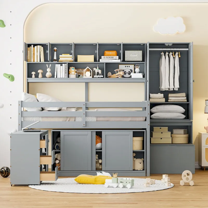 Full Size Loft Bed with Desk, Drawers & Shelves – Gray/White, 2-Person Assembly
