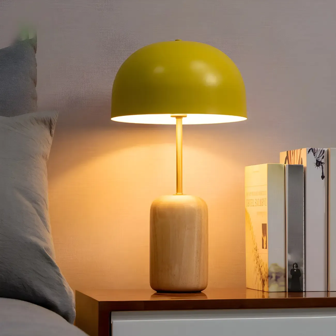 Minimalist Iron Wood Dome Shape Bedside Table Lamp