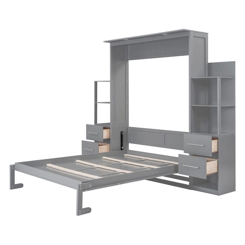 Merax Murphy Bed Wall Bed with Shelves, Drawers and LED Lights