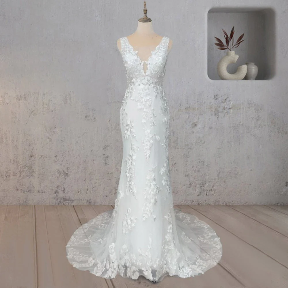 Mermaid Lace Illusion V Neck Sleeveless Backless Wedding Dress