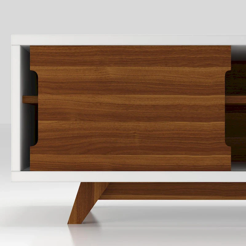 White and Walnut Mid-Century Modern TV Stand - 62 inch Wide with 6 Shelves