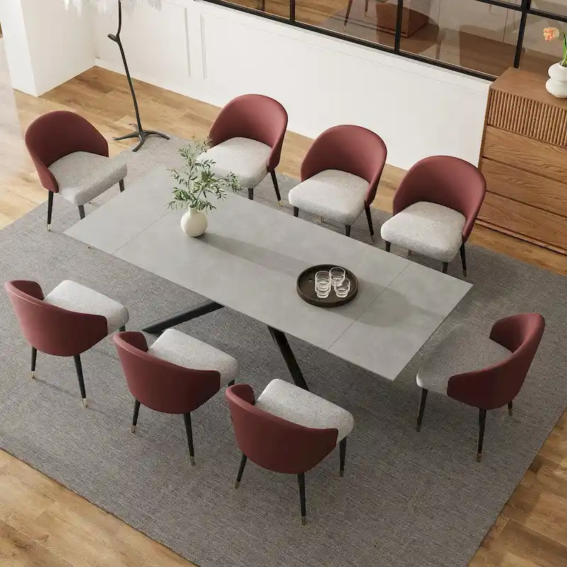 9 - Piece Extendable Rectangular Sintered Stone Cross Legs Dining Set With 8 Chairs For Home or Villa