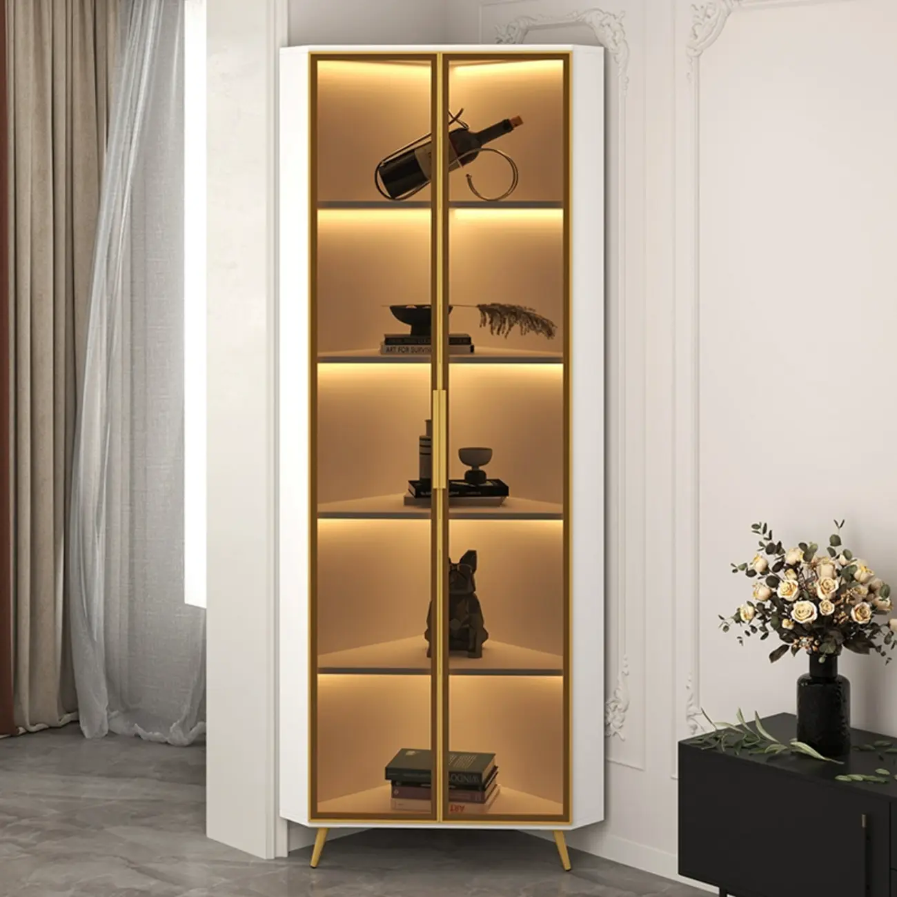 Modern Glam White-Gold Wood Glass Display Cabinet
