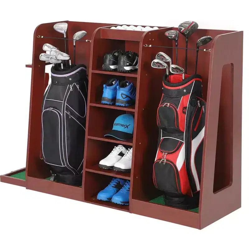 Golf Bag Organizer Rack, Holds 2 Golf Bags MDF Storage Stand for Golf Clubs Shoes Accessories Garage Organization, Gift for Golfers, Husband, Daddy