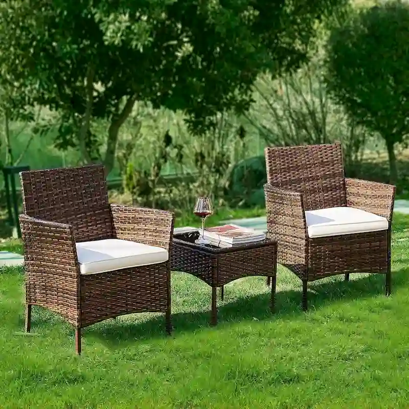 3 Pieces Patio Set Outdoor Wicker Furniture Sets Modern Rattan Chair Conversation Sets with Coffee Table for Yard and Bistro