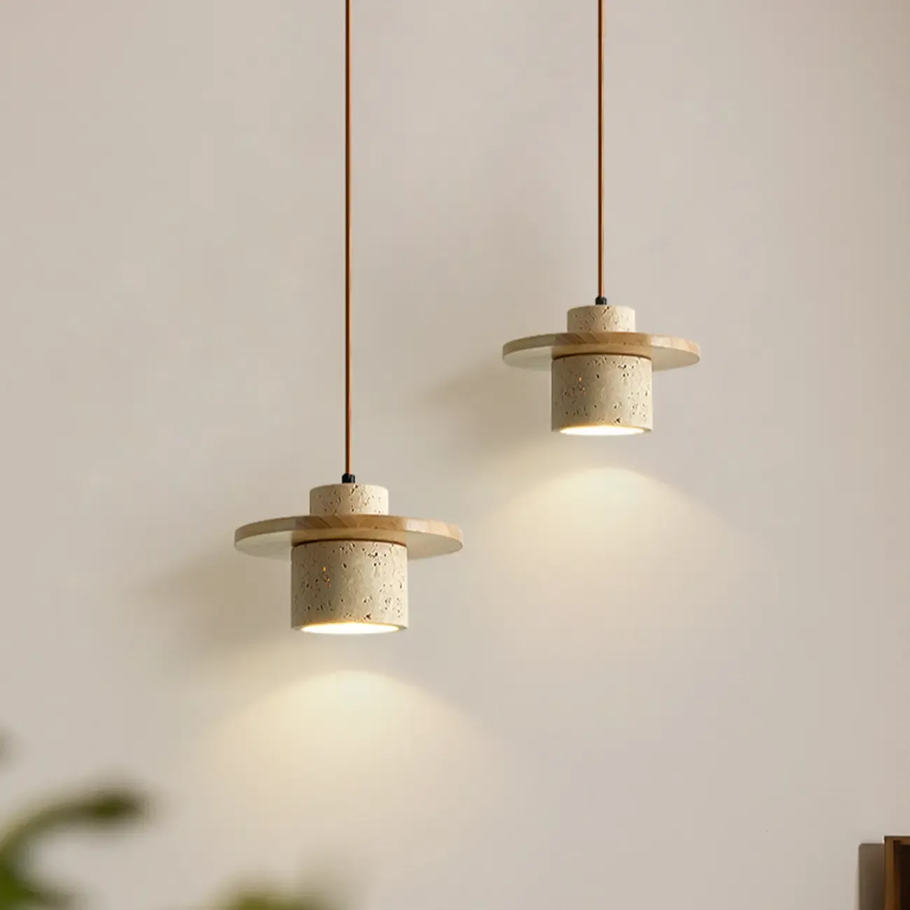 Modern Beige Stone Wood Disc Cylinder Pendant Light
