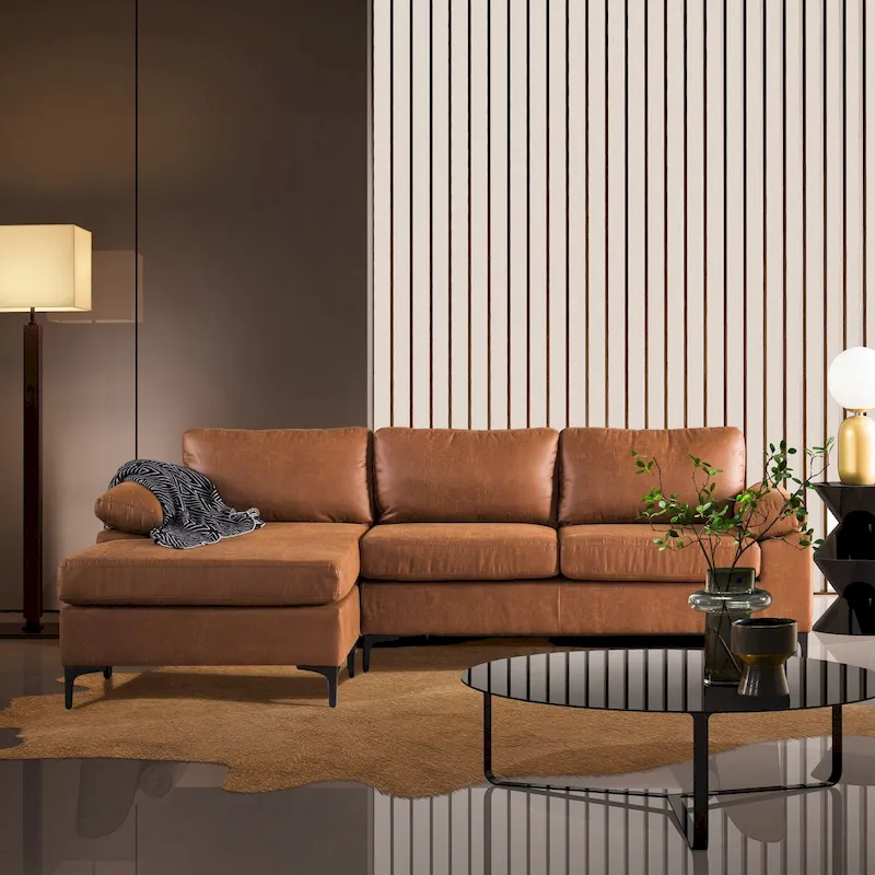 Reversible Chaise Sofa With Fluffy Cushions Metal Legs