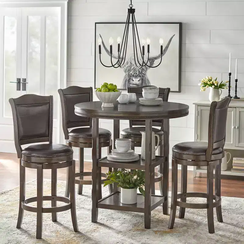 Buylateral 5pc Adam 42" Round Pub Dining Set with Bar Height Swivel Bar Stools Brown: Upholstered Stools, Rubberwood Frame