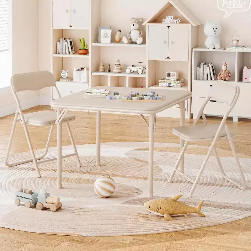 Kids 3-Piece Folding Table and Chair Set - Soft PU Cushion Seats, No Assembly Required, Portable Compact, Indoor Outdoor Use for Reading Play
