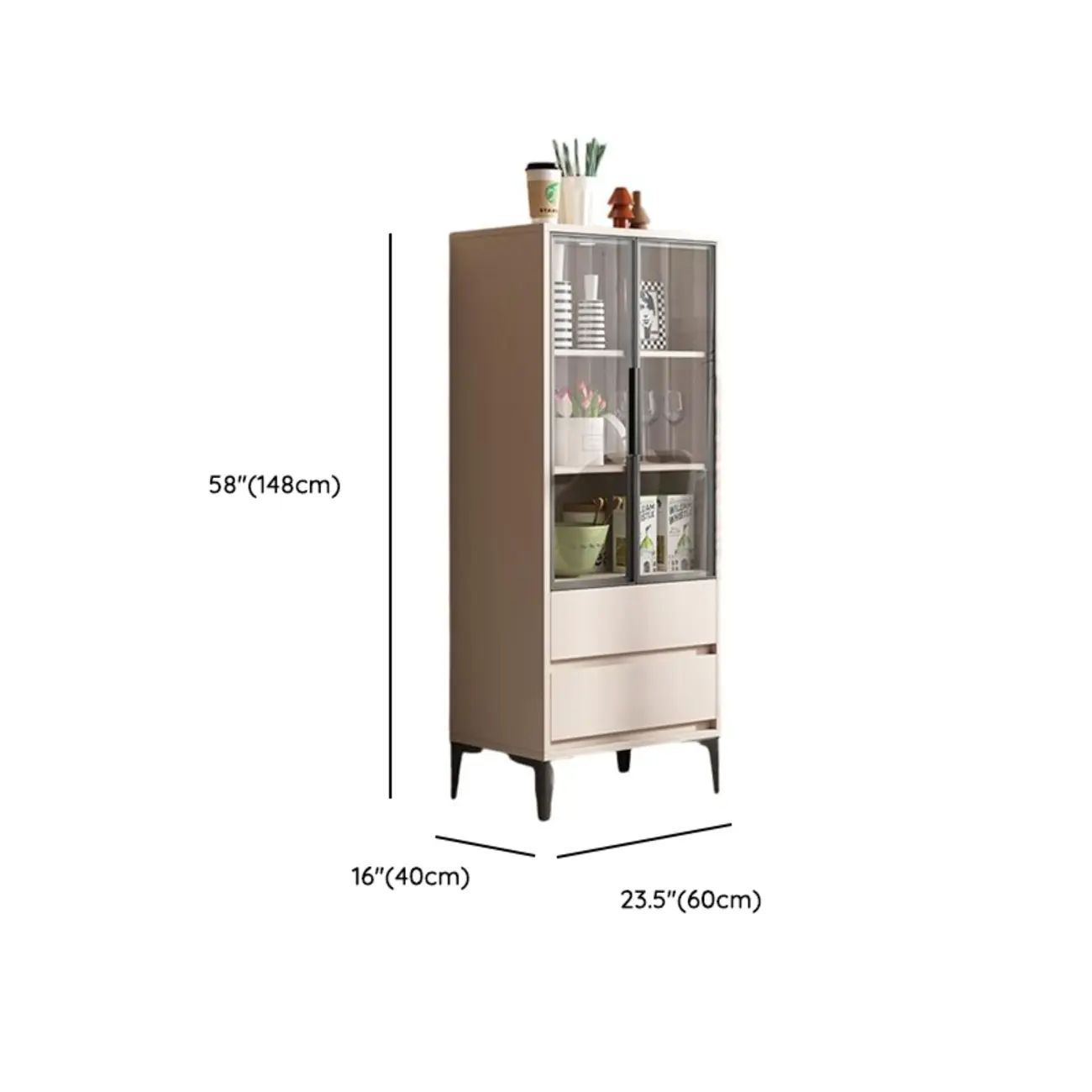 Khaki Wooden Adjustable Shelf Display Cabinet with Drawer