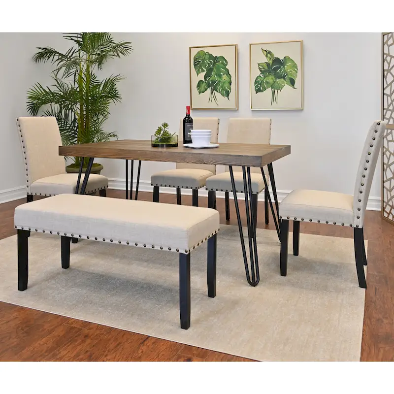 Industrial Style 6-Piece Dining Set with Rectangular Table, 4 Linen Upholstered Chairs and Bench