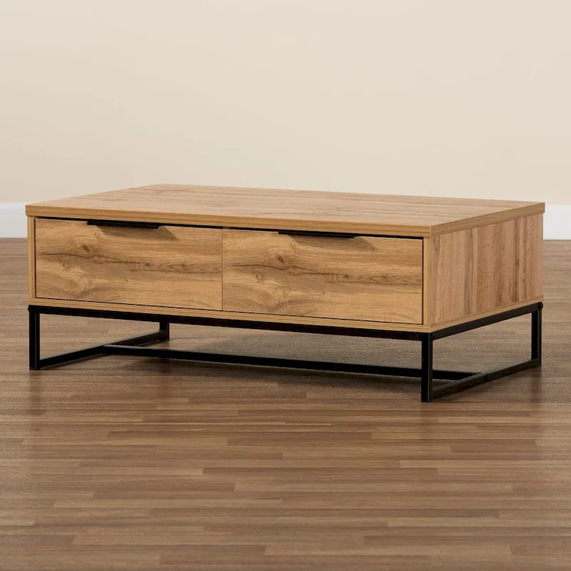 Oak Brown 2-Drawer Coffee Table with Metal Legs