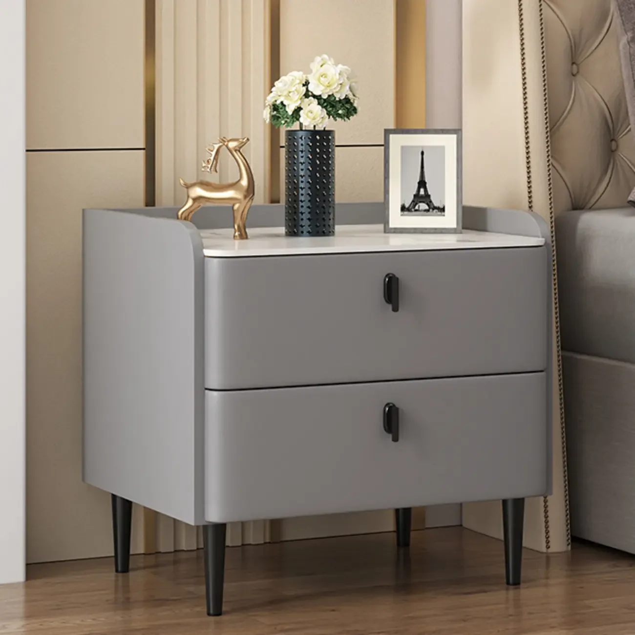 Trendy Stone Leather Gold Accents 2-Drawer Nightstand