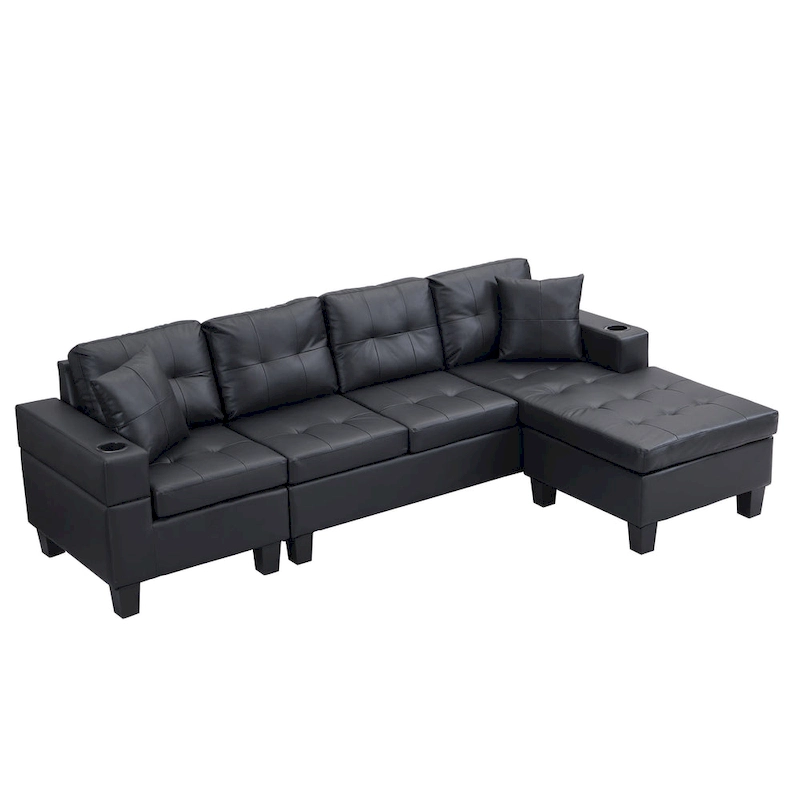 Black 96.06 Modern L-Shaped 4 Seater Sectional Sofa with Chaise Lounge, Cup Holders, and Throw Pillows