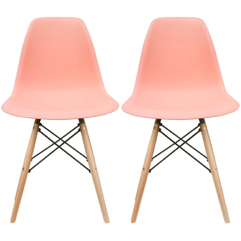 Set of 2 Mid-Century Modern Dining Chairs Armless Plastic Shell Seat with Natural Wooden Eiffel Leg Base, Red