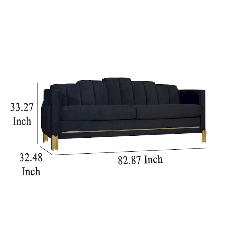 Theo Sofa, Black Velvet, Blue LED Lights, Gold Metal Legs, 83 Inch