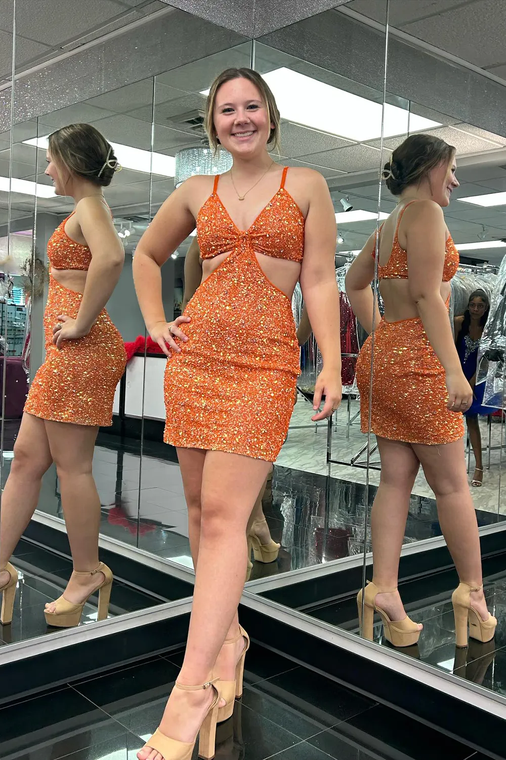 Orange Sequins V Neck Tight Mini Party Dresses