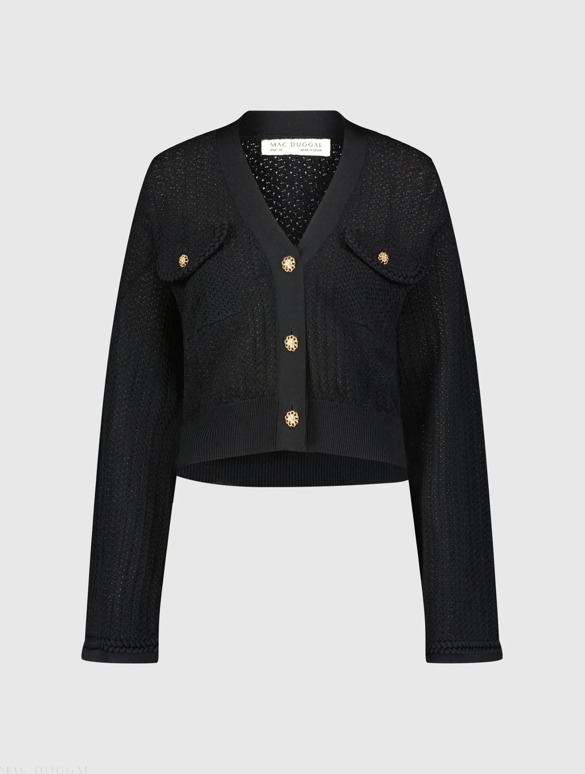 Black Crochet Knit Flare Long Sleeve Gold Button Cropped Cardigan