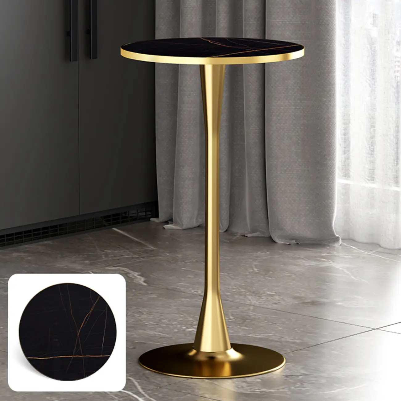 Modern Matte Black Metal Pedestal Round Wood Bar Tables