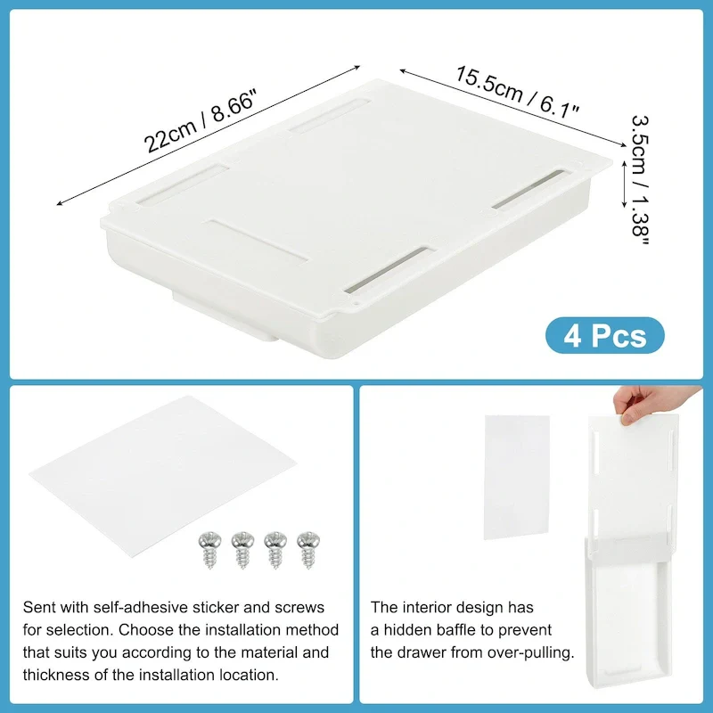 Self-Adhesive Under Desk Drawer Organizer – ABS, Set of 4 (8.66