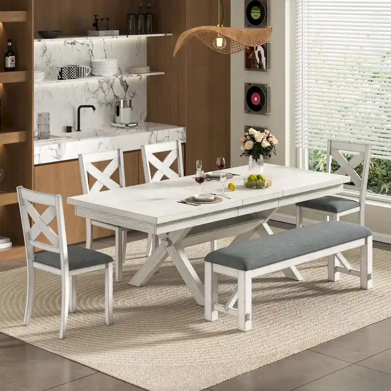 Dining Table with Bench, Solid Wood Rectangular Extendable Dining Table & 4 Solid Wood Dining Chairs