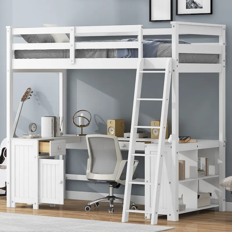 White Twin Size Solid Wood Loft Bed with Desk, Blackboard, and Storage