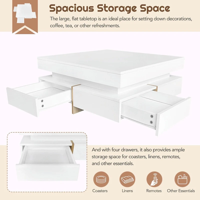 Stylish High Gloss Coffee Table with 4 Drawers