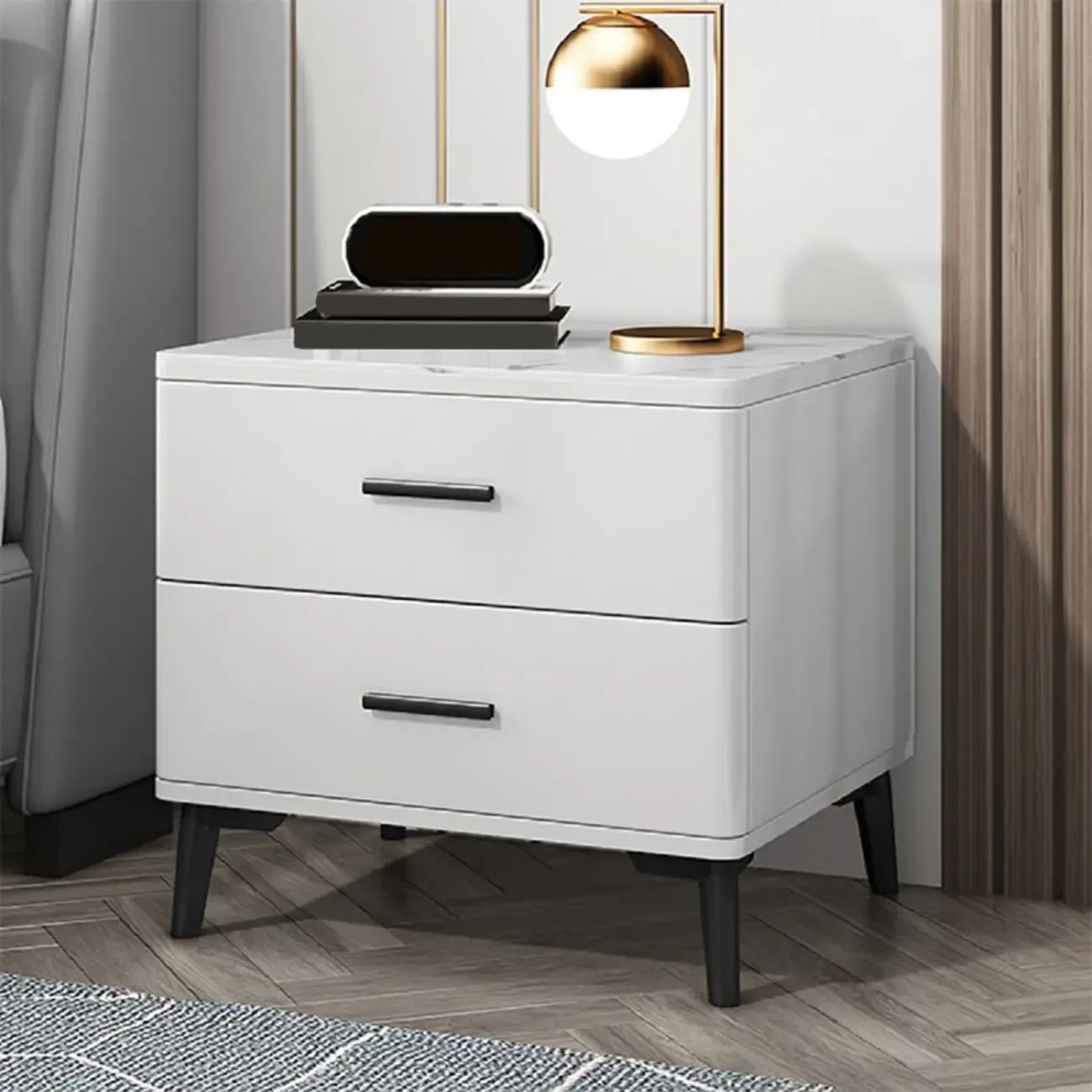 Modern White Stone Top Oak 2-Drawer Nightstand