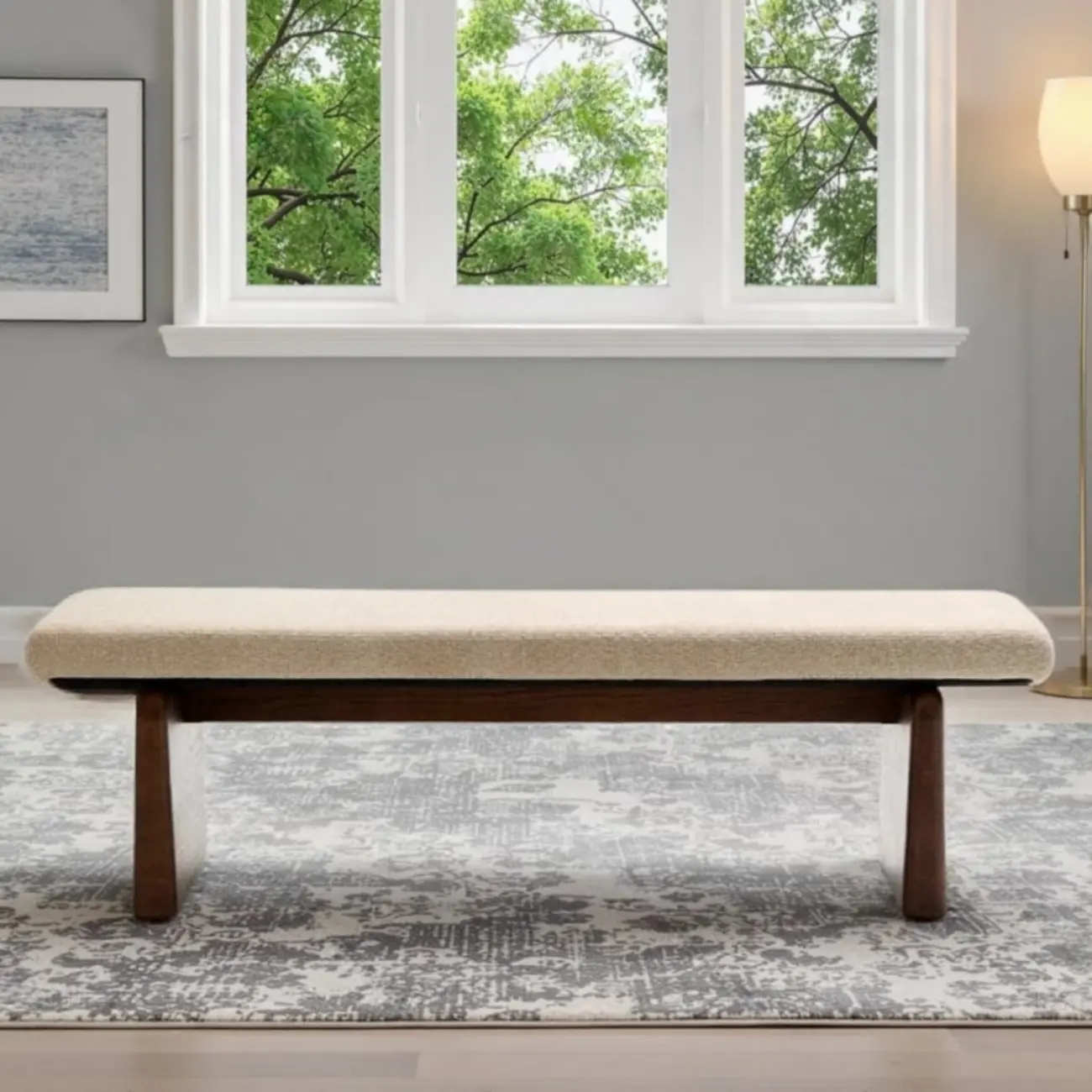 Modern Upholstered Beige Bedroom Bench Wooden Frame