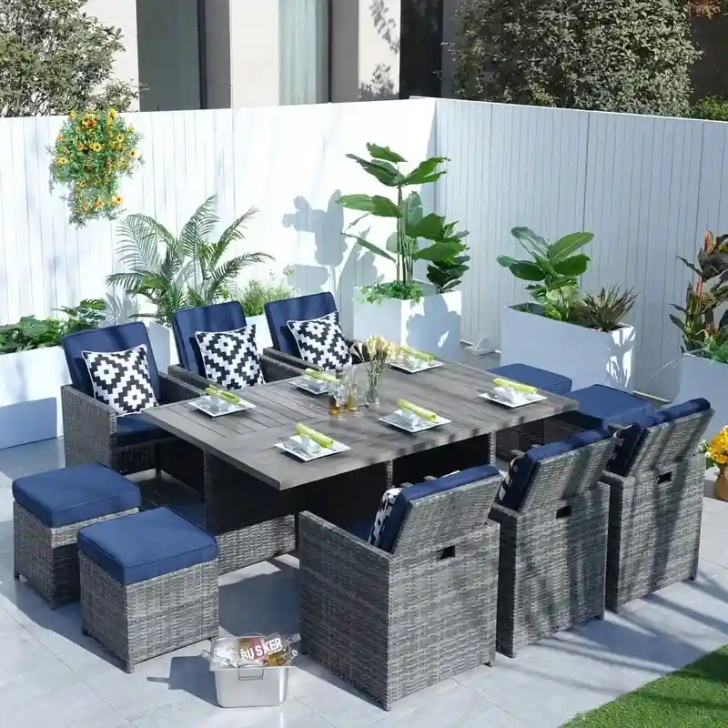 11-Piece Patio Wicker Aluminum Dining Table Set w/ Chairs and Ottomans