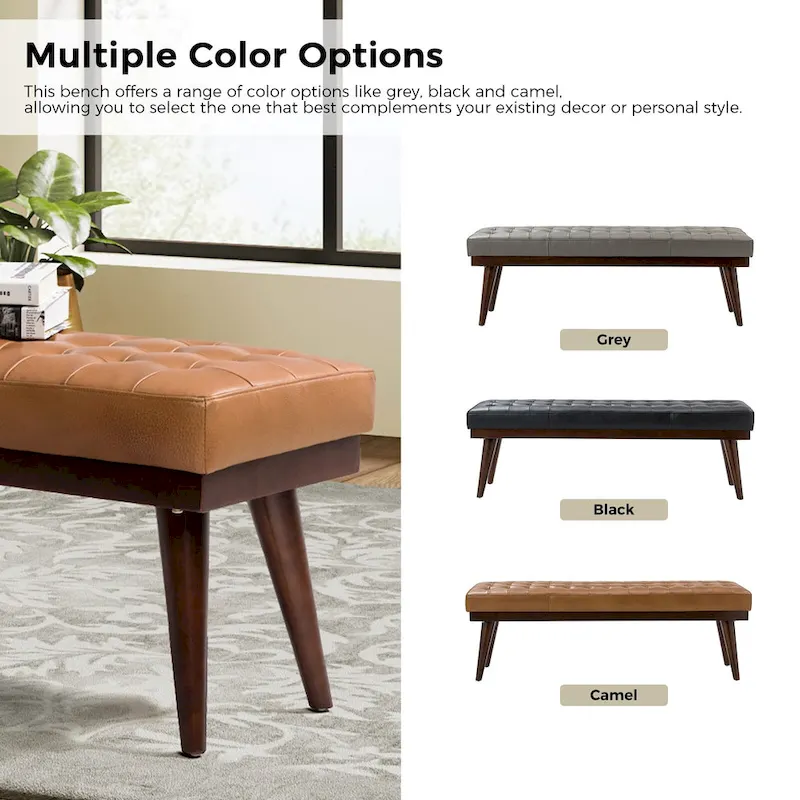 Genuine Leather Tufted Bench with Solid Wood Base