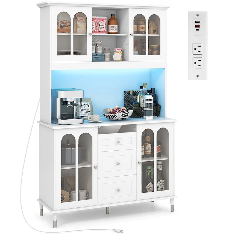 Gymax 73 Tall Kitchen Pantry Storage Cabinet w/ LED Lights and Power