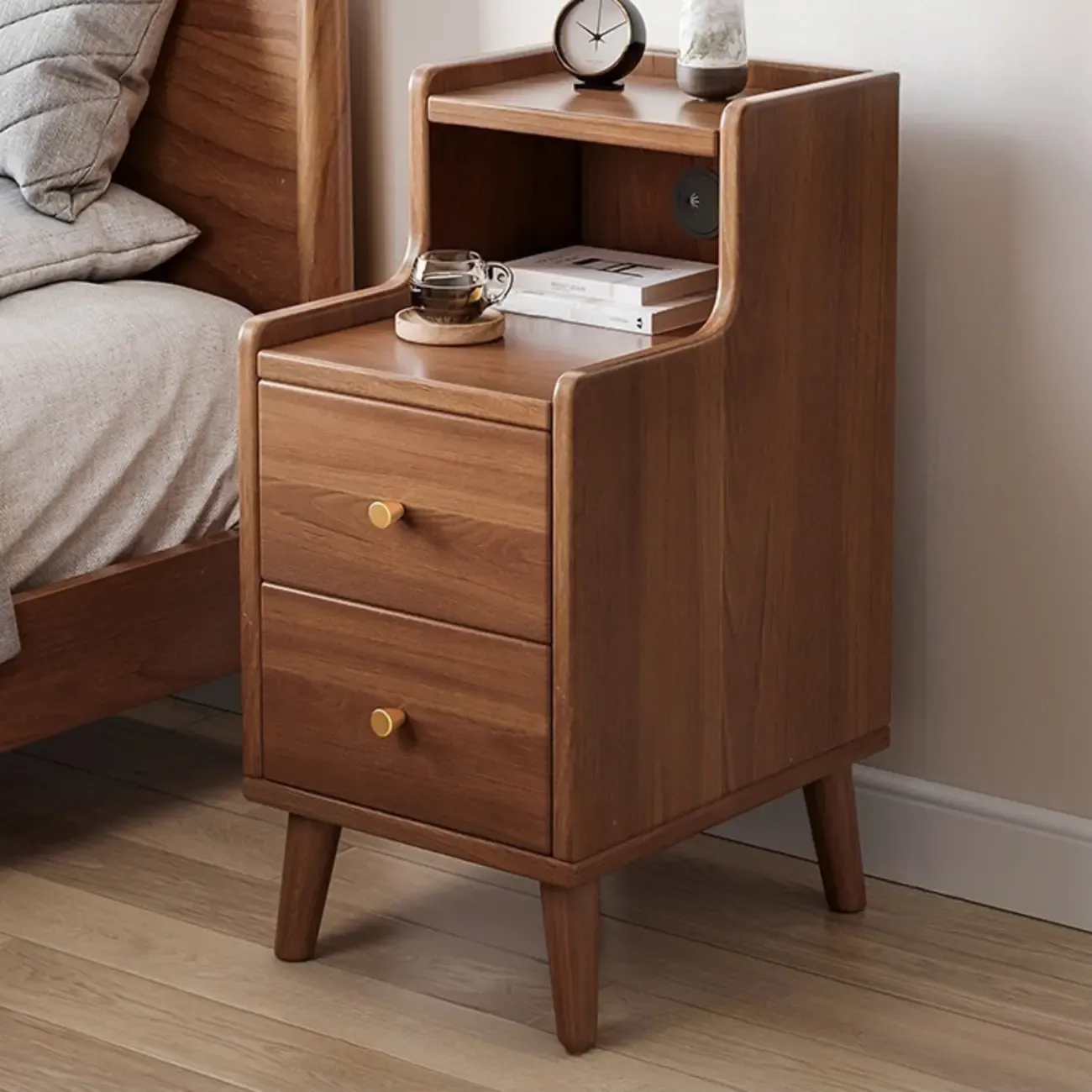 Natural Wood Scandinavian 2-Drawers Narrow Nightstand