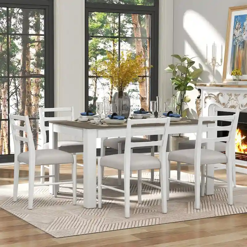 7-Piece Wooden Extendable Dining Table Set with 12 Leaf and 2 Drawers, 6 Chairs
