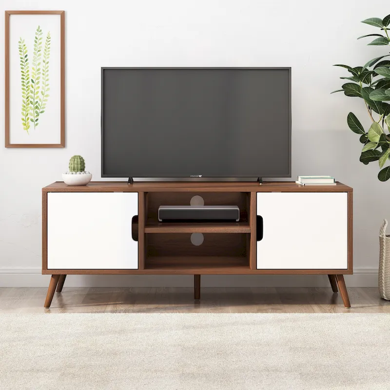 White & Walnut Mid-Century TV Stand for 40