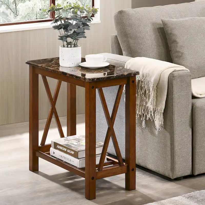 Farmhouse Faux Marble Side Table with Shelf - Dark Grey/White/Brown/Oak